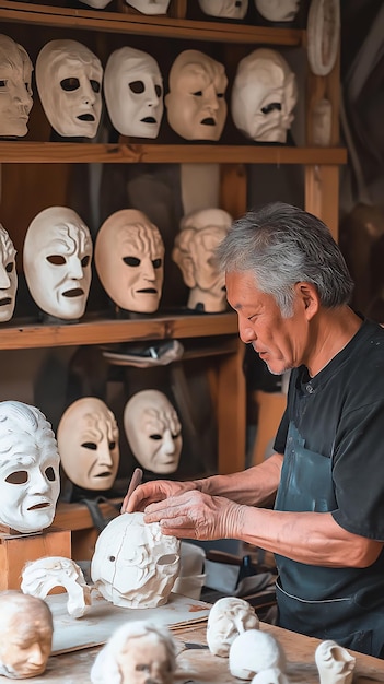 A Craftsman Finishes a Clay Mask in His Workshop