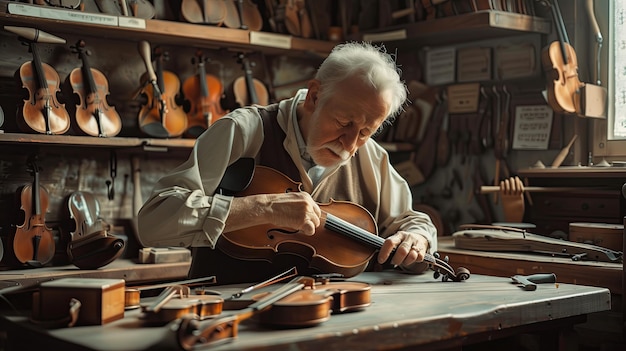 A craftsman in his workshop working on the restoration of an antique violin