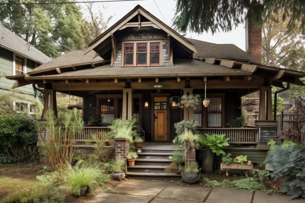 Craftsman house exterior with front porch lanterns and hanging plants