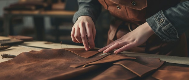 Craftsman meticulously handcrafting leather goods evoking a sense of tradition and quality