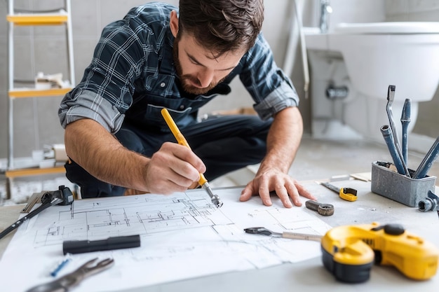 Photo a craftsman meticulously sketches plans on paper surrounded by tools showcasing dedication to home renovation project