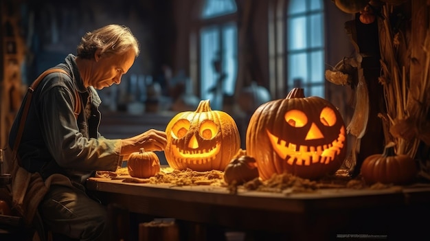 Craftsman preparing pumpkins for Halloween in his workshop