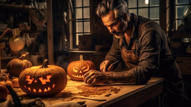 Craftsman preparing pumpkins for Halloween in his workshop