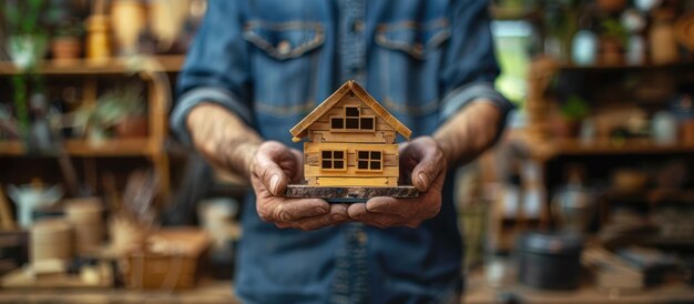 Photo craftsman presenting a miniature wooden house