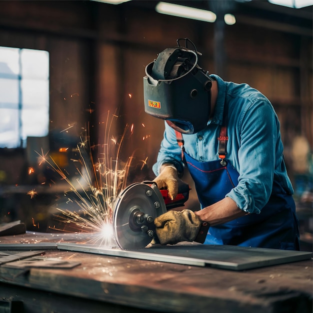 Craftsman saws metal amidst sparks in workshop using grinder and welding machine ensuring safety