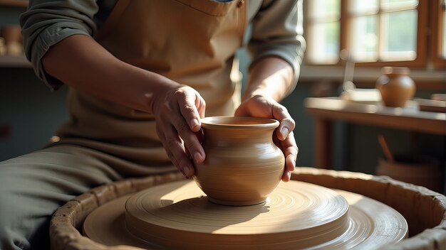 Photo craftsman shaping a clay pot on a pottery wheel in a sunlit workshop surrounded by tools and pottery pieces