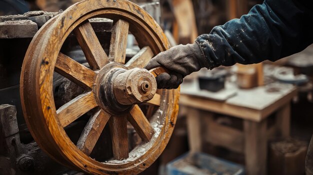 Photo craftsman turning wooden wheel