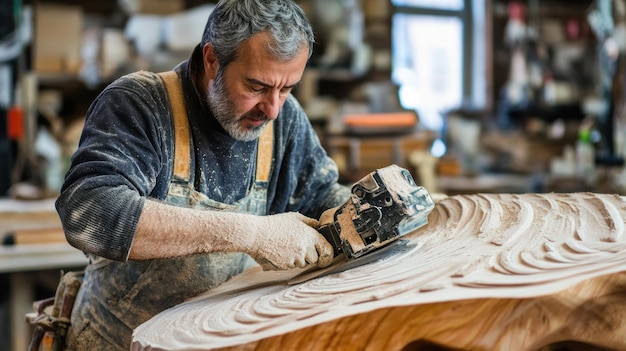 Photo craftsman working on a large wooden slab in his workshop