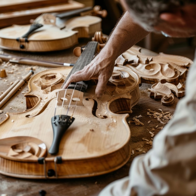 Craftsmans Hand on Violin Closeup View