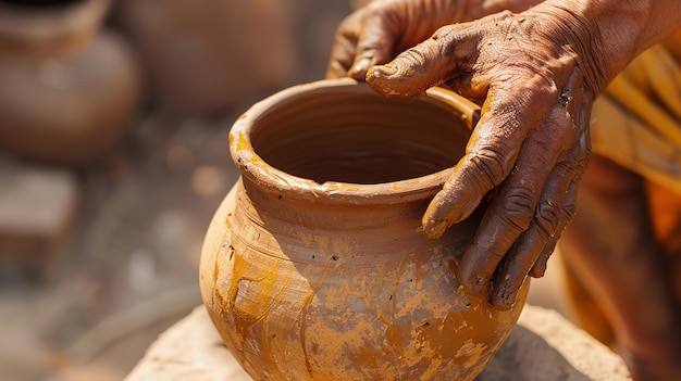 craftsmans hands forming an earthen jar on the circle Generative AI