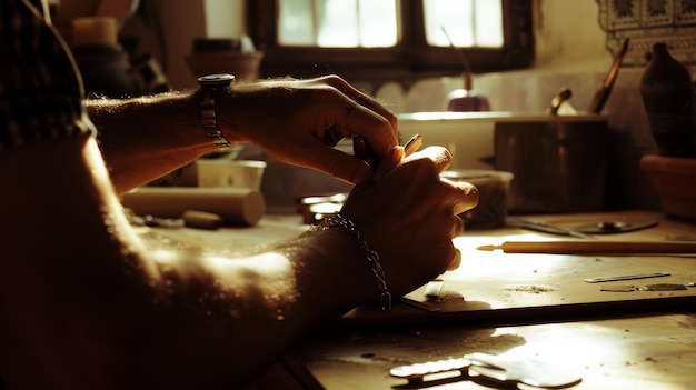 A craftsmans hands skillfully work on a detailed project in a warm workshop setting showcasing dedication and craft