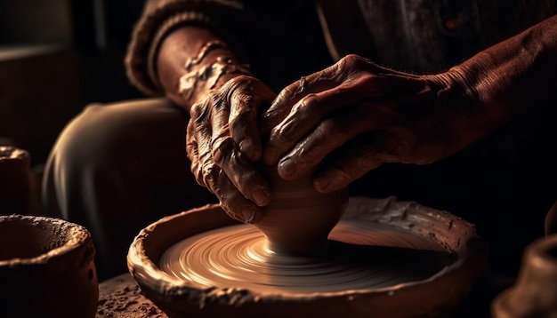 Craftsperson turning clay on pottery wheel creating vase generated by AI