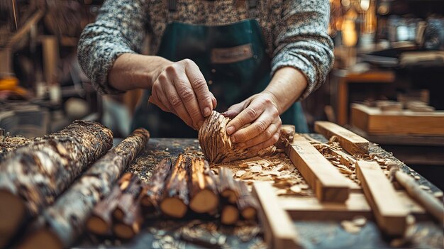 Photo craftswoman creating wooden masterpiece craftsmanship concept