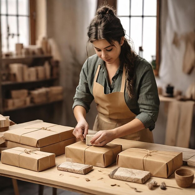 Craftswoman packaging handmade soap on craft paper on table