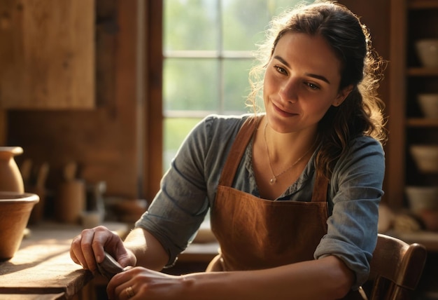 Photo a craftswoman thinks deeply in her woodworking workshop creativity and contemplation in a craft