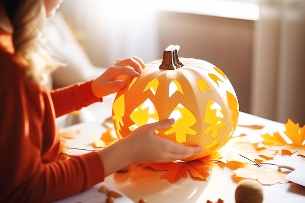 Crafty halloween little girl's diy pumpkin decoration