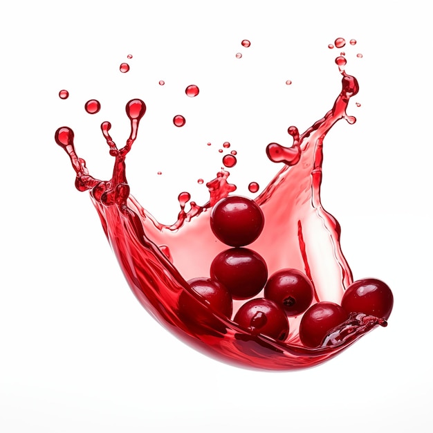 Photo cranberries splashing into red juice with water droplets frozen in midair