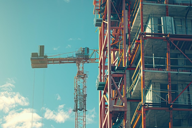 Crane and building construction site against blue sky