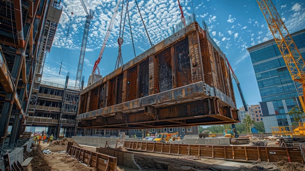 A crane lifts steel beams at a busy construction site against a blue sky background