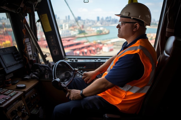 Crane operator controlling crane at sea from inside the cabin for an exclusive ocean view