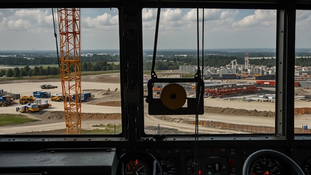 Photo a crane operator inside the cab of a tower crane