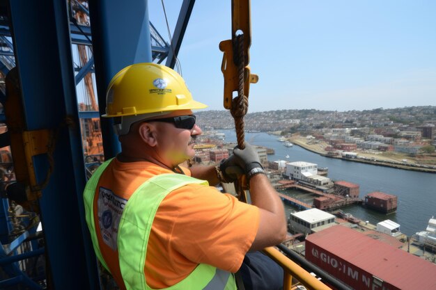 Crane operator lifting load with slinger at sea using hand signals for precise guidance