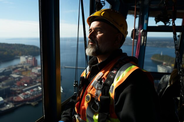 Crane operator signals slinger to lift load using hand gestures on a ship at sea