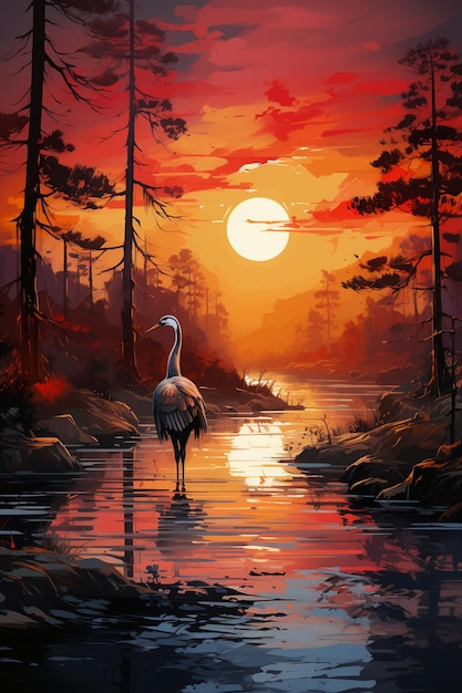 A crane stands alone by the lake AI generative