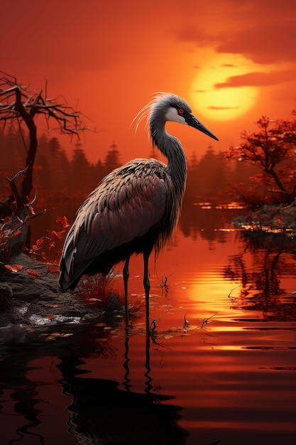 A crane stands alone by the lake AI generative