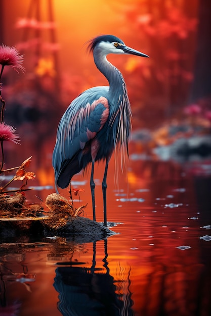 A crane stands alone by the lake AI generative