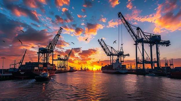 cranes against a blue sky with clouds and sun in the background