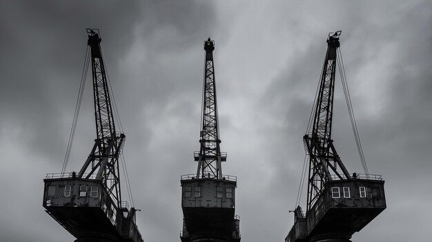 cranes against a blue sky with clouds and sun in the background