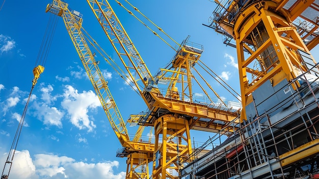 cranes against a blue sky with clouds and sun in the background