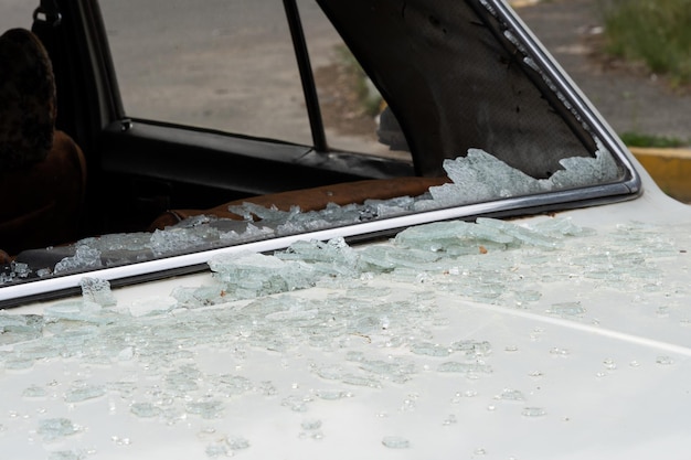 Crash car windshield broken and damaged car