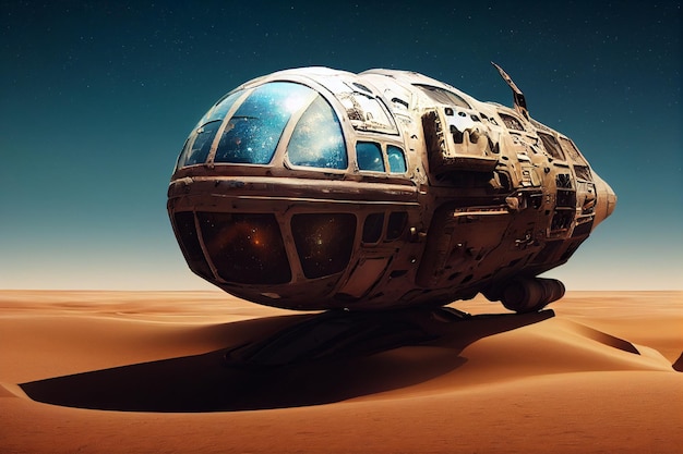 Crashed spaceship in desert land of another planet 3d illustration