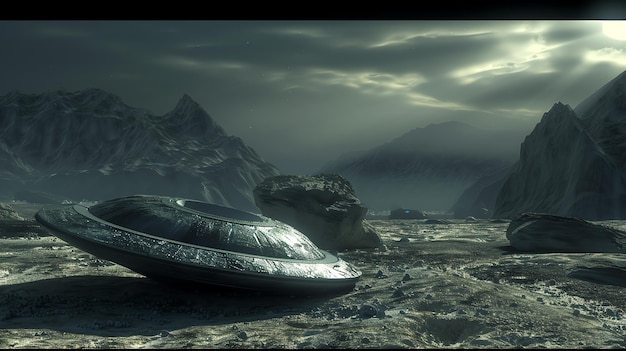 Photo a crashed ufo in a rocky alien landscape