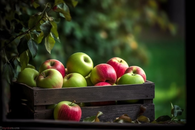 A crate of apples sits in a tree with the word apple on it.