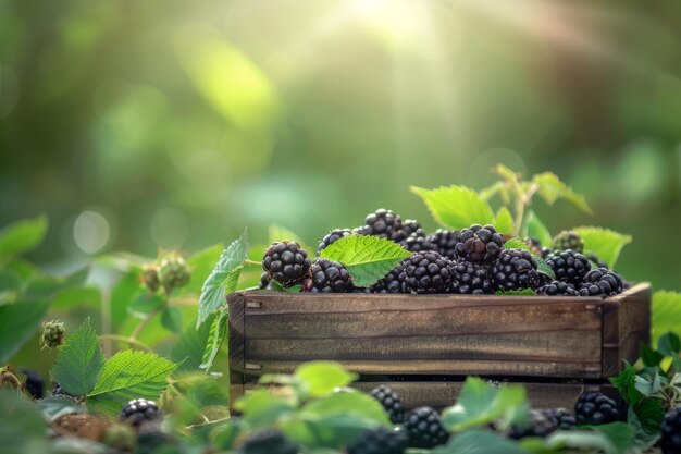 Photo crate of blackberries against summer sunlight