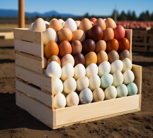 A crate filled with eggs A wooden crate filled with lots of eggs