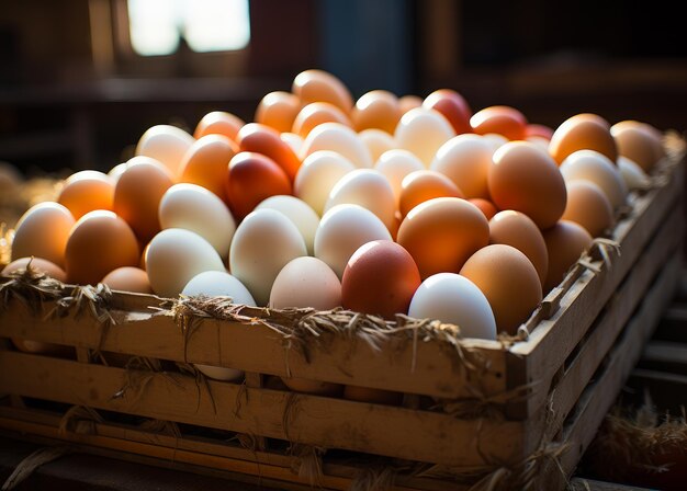 A crate filled with a variety of brown and white eggs A crate filled with lots of brown and white eggs