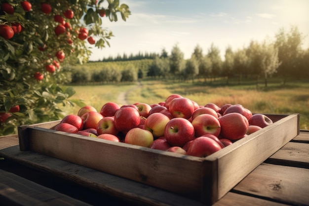 Crate Of Red Apples On Wooden Harvest Table AI generated