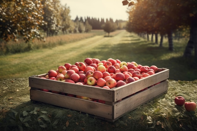 Crate Of Red Apples On Wooden Harvest Table AI generated