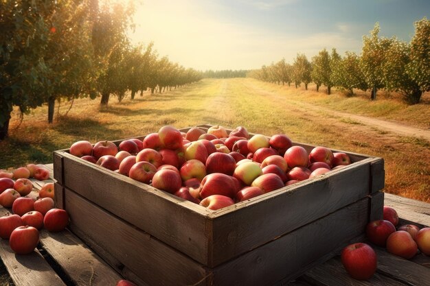 Crate Of Red Apples On Wooden Harvest Table AI generated