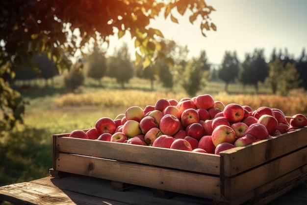 Crate Of Red Apples On Wooden Harvest Table AI generated