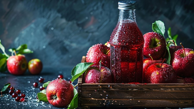 a crate of strawberries with a bottle of water and strawberries