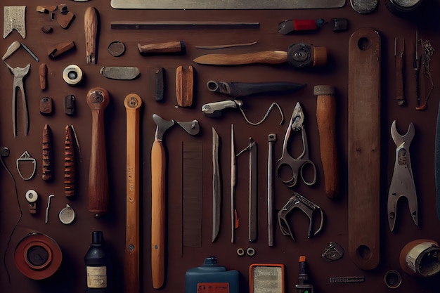 Crate with different carpenter39s tools on wooden table Generative Ai