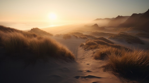 Crater With Sand Dune Beach Grass Foggy Shoreline Soft Muted Waves And Sunrise