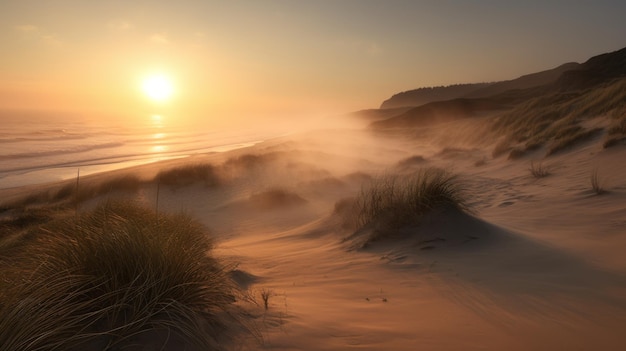 Crater With Sand Dune Beach Grass Foggy Shoreline Soft Muted Waves And Sunrise