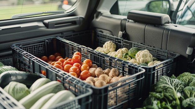 Crates full of fresh vegetables nicely arranged in the car