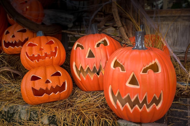 Craved pumpkin put on rice straw  in Halloween theme